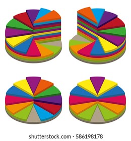 Set of colored isometric pie charts. Templates sectoral graphs in 3D style. Colorful volume elements for infographics. Vector