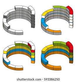 Set of colored isometric pie charts different heights ring segments with hard stroke. Cartoon style. Elements of infographics for business. Vector