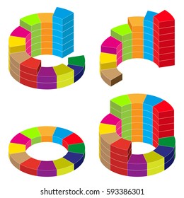 Set of colored isometric pie charts with white stroke. Elements of infographics for business. Vector