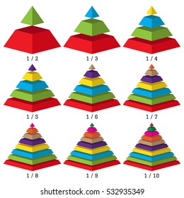 Set of colored isometry pyramid charts. Business data, colorful elements for infographics. Vector