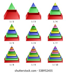 Set of colored isometry pyramid charts. Business data, colorful elements for infographics. Vector