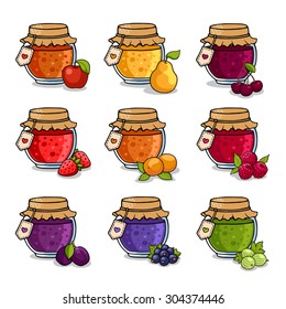 Set of colored jars with delicious homemade jam. Apple, pear, cherry, strawberry, peach, raspberry, plum, black currant and gooseberry. 