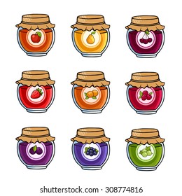 Set of colored jars with delicious homemade jam. Apple, pear, cherry, strawberry, peach, raspberry, plum, black currant and gooseberry.