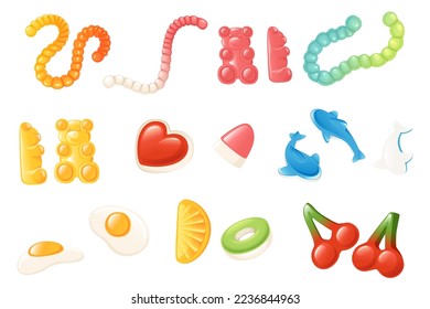 Set of colored jelly gummy candy worm bear heart cherry vector illustration isolated on white background