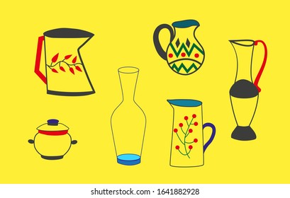 Set of colored jugs icon on a yellow background. Vector.