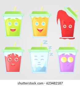 Set of colored juice with emotions. Closed green cover with straw. Funny, showing tongue, very angry, in love, sleep, cool glasses, smirk face. Vector illustration isolated on a gray background.
