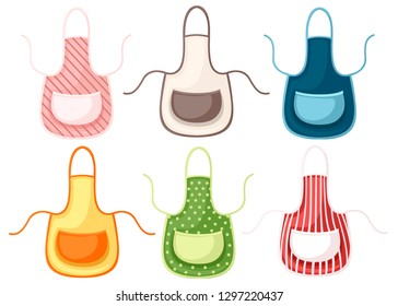 Set Of Colored Kitchen Apron. Cartoon Flat Style Illustration Isolated On White Background.