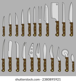 Set of colored kitchen knives vector illustration with dark outline. A set of various knives. EPS 10.