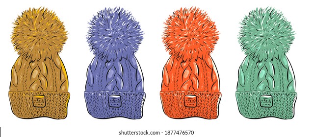 
set of colored knitted hats with buboes, winter clothes, headdress, fashion, vector illustration, sketch