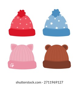Un conjunto de sombreros de invierno de punto de colores. Gorro de lana sombrero de dibujos animados