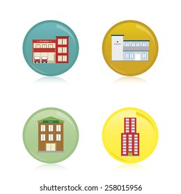 a set of colored labels with different colored buildings