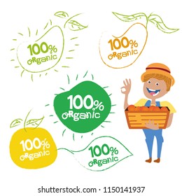 Set of colored labels for organic, natural, eco or bio products in bright green and yellow orange colors doodle flat design also mascot cartoon character say yes or ok quality