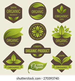 Set of colored labels for organic, natural, eco or bio products in bright green and dark brown colors 