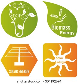 Set of colored labels with text and icons for alternative energy. Vector illustration