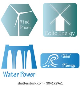 Set of colored labels with text and icons for alternative energy. Vector illustration