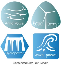 Set of colored labels with text and icons for alternative energy. Vector illustration