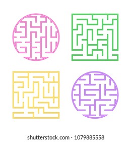 A set of colored labyrinths for children. A square, round maze. Simple flat vector illustration isolated on white background