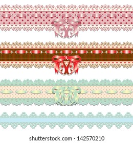 Set of colored lace ribbons with bow. Vector illustration