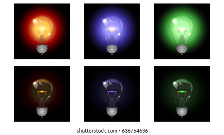 A set of colored lamps of different colors. Shine in red, blue, green. Vector illustration