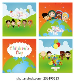 a set of colored landscapes with children, text and toys