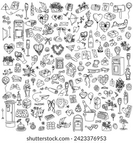 The set is colored large for Valentine's Day in a doodle style. Black and red linear outline. An isolated vector. Objects for lovers are contour illustrations. Sketch cute thin black lines
