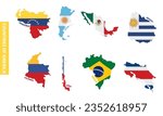 Set of colored latin american country maps with its flags Vector