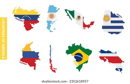 Set of colored latin american country maps with its flags Vector