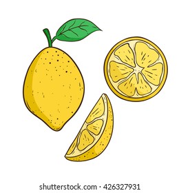 Set Of Colored Lemon With Lemon Slice Using Line Art Or Doodle Style