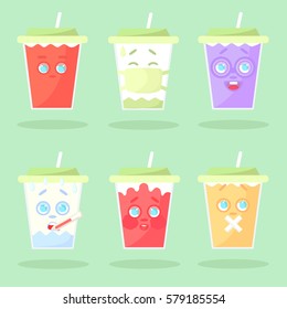 Set of colored lemonade with emotions. Without mouth, in a medical mask, botanist, with thermometer, confused, with mouth sealed. Closed green cover with straw. Cartoon