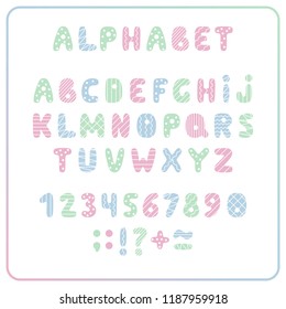 Set of colored letters and numbers. Childrens alphabet. Font for kids. Light colors, pink, blue, green on white background