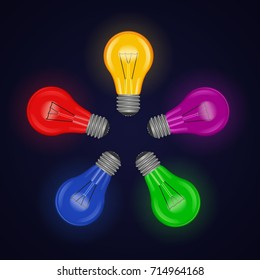 A set of colored light bulbs a blue background. Vector illustration for your decisions