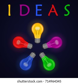 A set of colored light bulbs a blue background. The inscription "Ideas". Vector illustration for your decisions