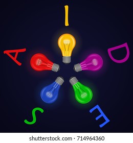 A set of colored light bulbs a blue background. The inscription "Ideas". Vector illustration for your decisions