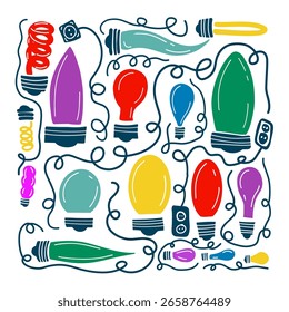 Farbige Glühbirnen. Handzeichnung. Nicht KI. Vektorgrafik.