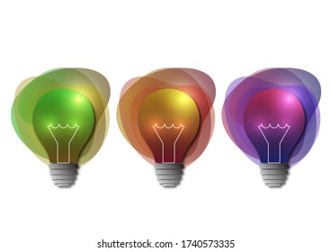 Set of colored light bulbs, liquid forms. Idea concept icon isolated on a white background. Symbol of energy and ideas. Bright creative design. Vector illustration