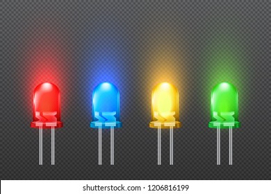 Set of colored light emitting diodes with glowing effect, LED collection, isolated on simple background