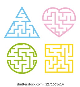 A set of colored light mazes. Circle, square, triangle, heart. Game for kids. Puzzle for children. One entrances, one exit. Labyrinth conundrum. Flat vector illustration isolated on white background