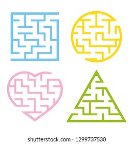 A set of colored light mazes. Circle, square, triangle, heart. Game for kids. Puzzle for children. One entrances, one exit. Labyrinth conundrum. Flat vector illustration isolated on white background