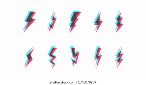 Set of colored lightning icons. The concept of electricity, discharge, lightning, shock, force, impetuosity. Web design. Vector illustration