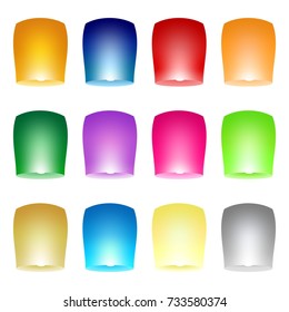 Set of colored lights and flying chinese lucky lanterns with clematis on a white background 