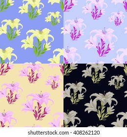 set of colored lily flowers. seamless vector illustration