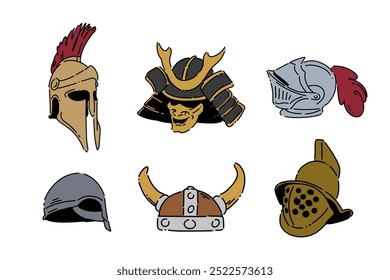 Definir desenho de linha colorida de capacete medieval. Spartan, samurai kabuto, cavaleiro, viking, capacete de gladiador. Isolado no fundo branco. Ilustração vetorial.