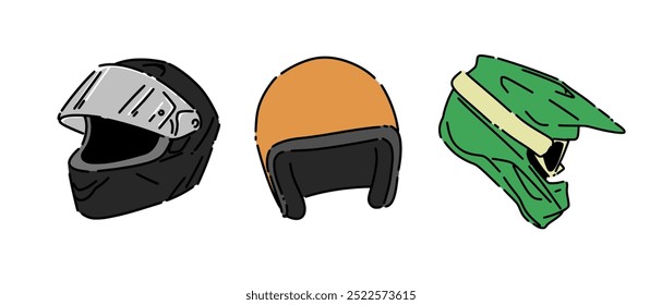 Set colored line drawing of motorcycle helmet. Full face, open face, and motocross quad bike helmet. Isolated on white background. Vector illustration.