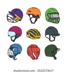 Set colored line drawing of sports helmet. Cricket, skate, american football, ski, bike, jockey, ice hockey, headguard. baseball helmet. Isolated on white background. Vector illustration.