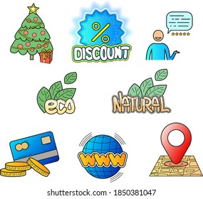 Set of colored linear icons. Christmas tree icons, discounts, reviews, geolocation, payment, website, eco, natural. Vector icons.