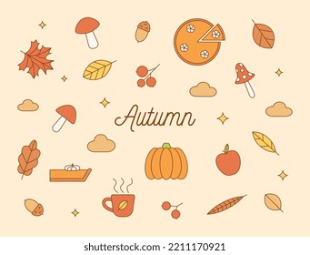 A set of colored linear icons. A collection of items related to autumn, plants, berries, mushrooms, pumpkin pie, a mug with a hot drink. Seasonal vector symbols.