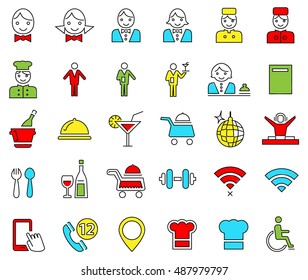 Set of colored linear icons of restaurant and cafe items