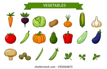 Eine Reihe von farbigen linearen Symbolen für Gemüse, Pilze, Oliven. Gestalten Sie Elemente im flachen Stil mit einem Hub. Handgezeichnet und einzeln auf weißem Hintergrund. Schwarz-Weiß-Vektorgrafik