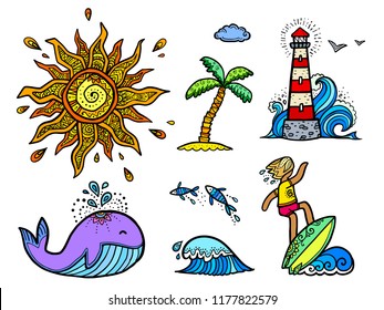 Set of colored lineart sticker elements. Boho style sun, surfer with board on wave, violet whale, doodle style lighthouse, fishes and green palm tree on sand. Vector bright cartoon style collection.