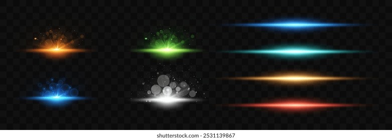 Set of colored lines and flashes of light. Glowing light effects. On a transparent background.